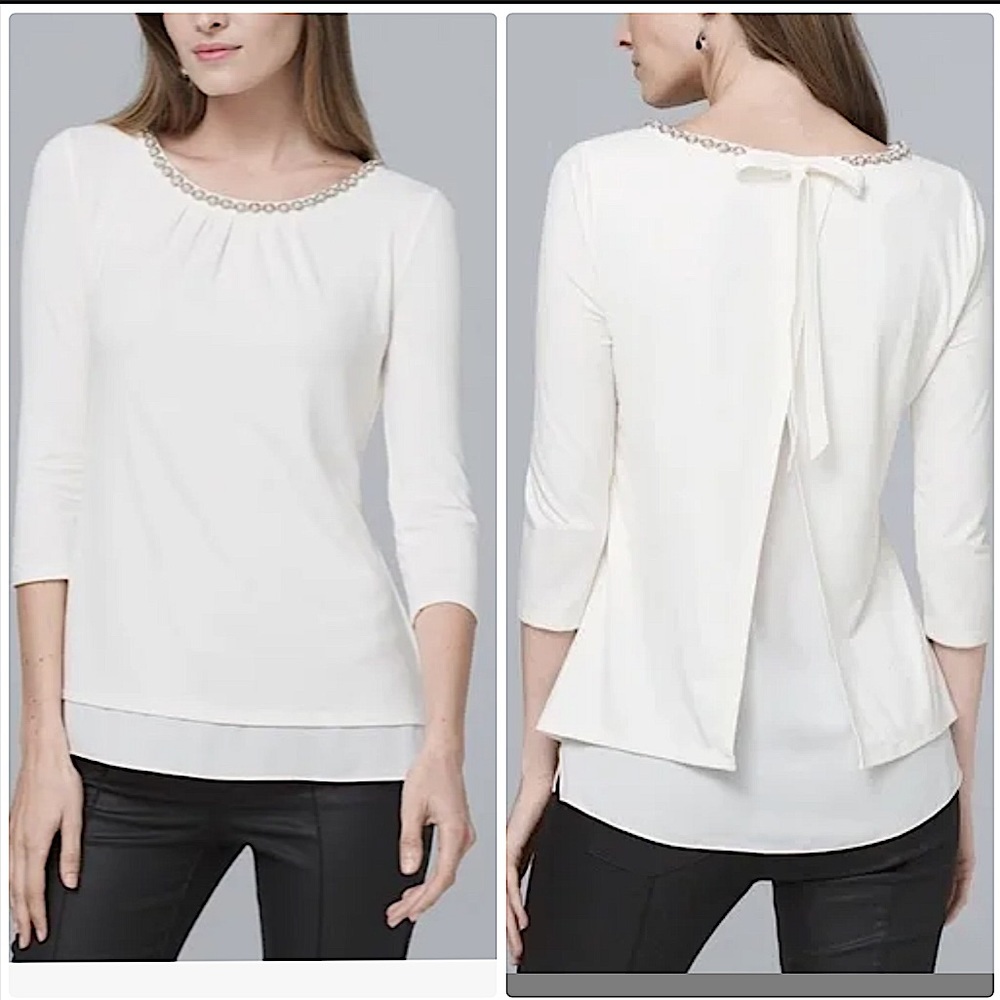 WHBM JEWEL NECK TIE BACK CREAM TOP
